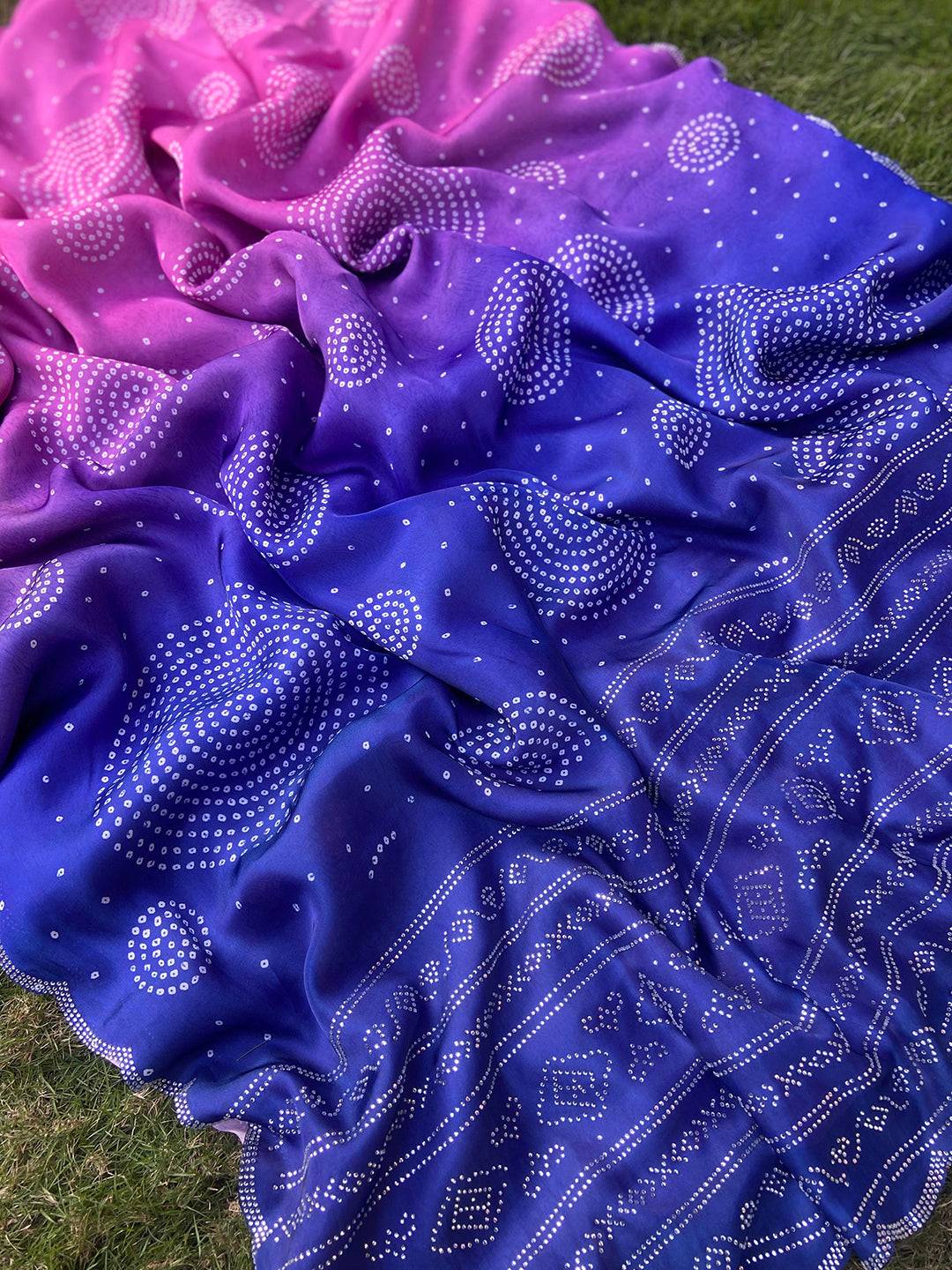 Georgette Silk Saree with Ombre Bandhej Print & Stone Work