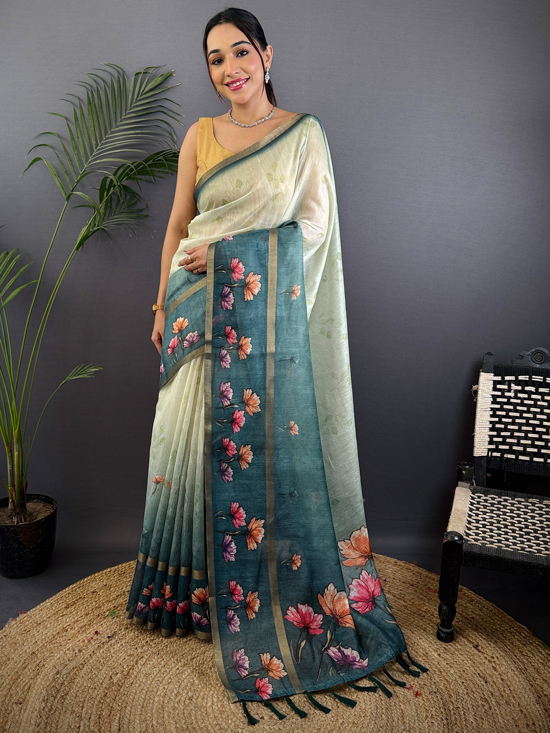 Teal Blue Linen Chanderi Floral Print Saree