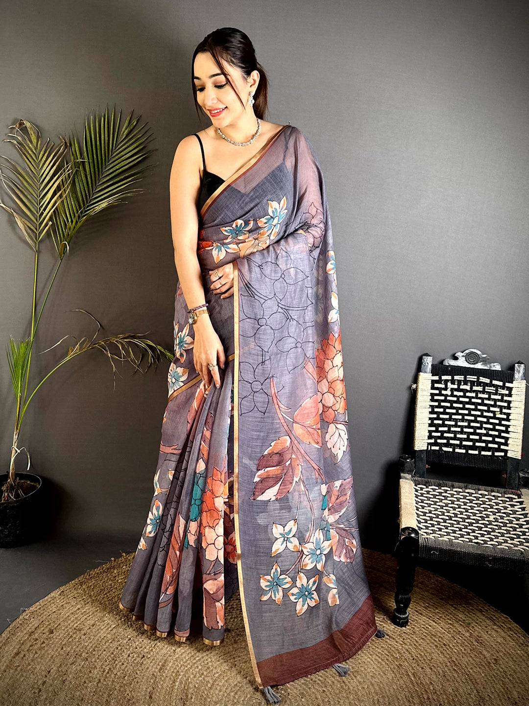 Classic Grey Floral Linen Saree