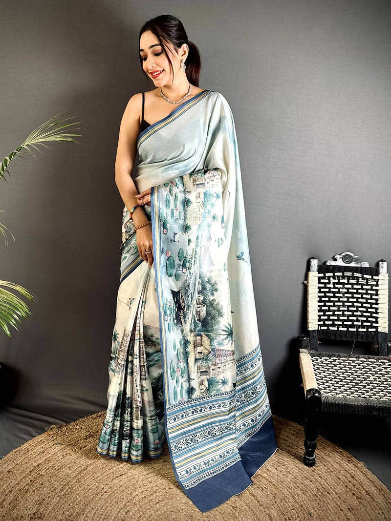 Vibrant Tussar Landscape Digital Saree