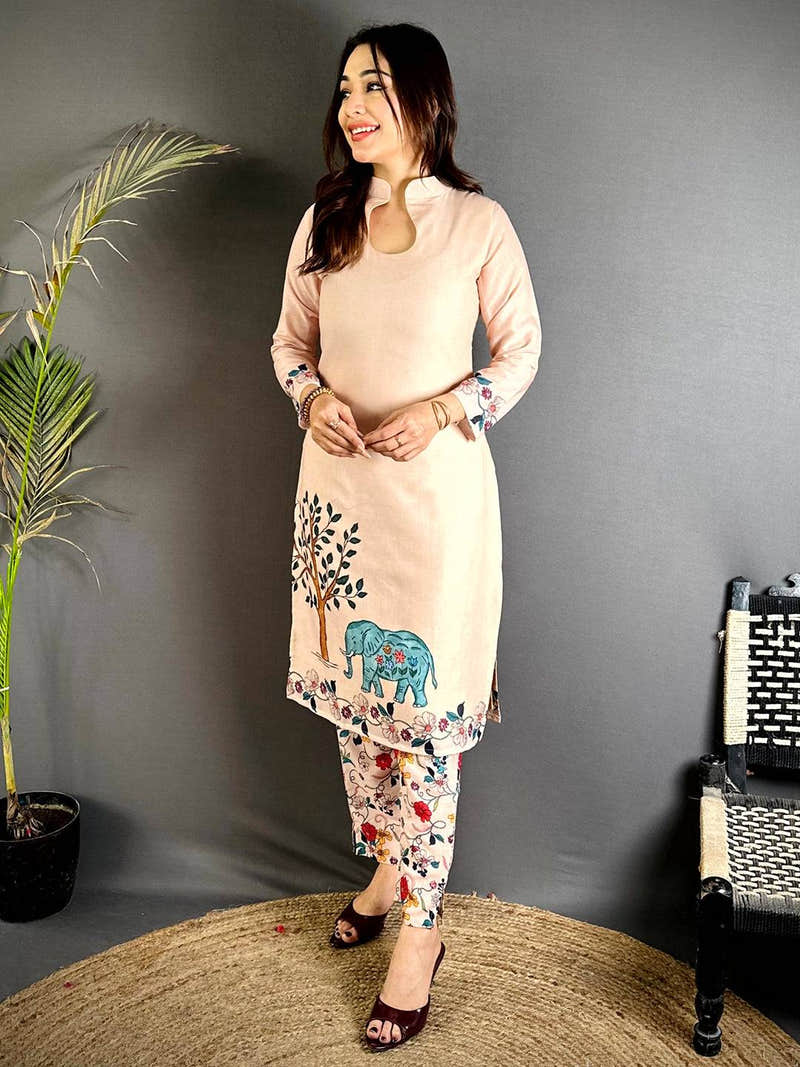 Kalamkari Keyhole Collar Neck Mul Kurti
