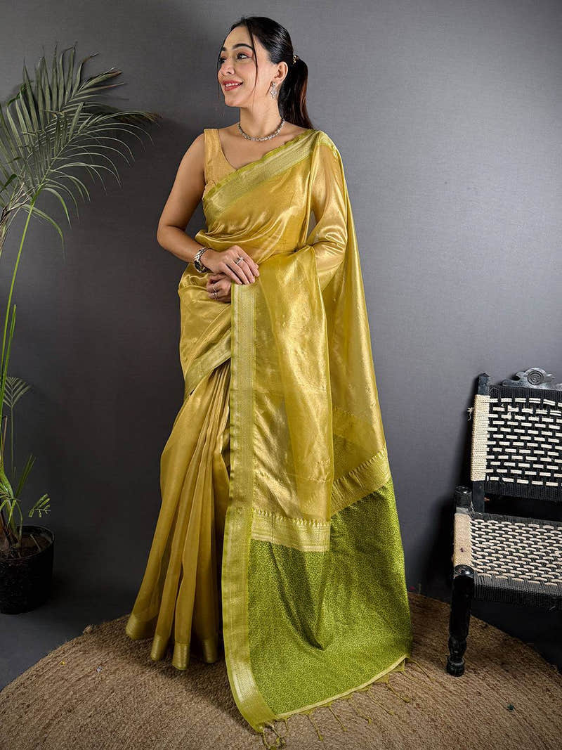 Radiant Green Gold Zari Tissue Saree