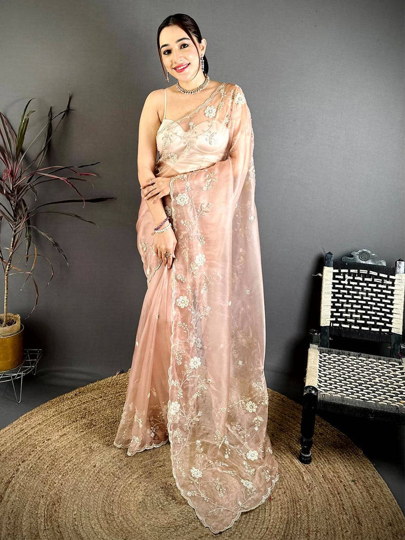 Peach Pearl Work Glass Organza Saree