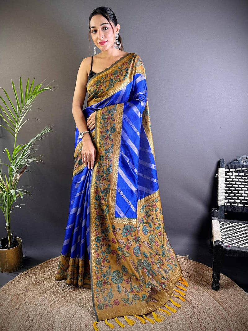 Blue Gold Zari And Kalamkari Print Saree