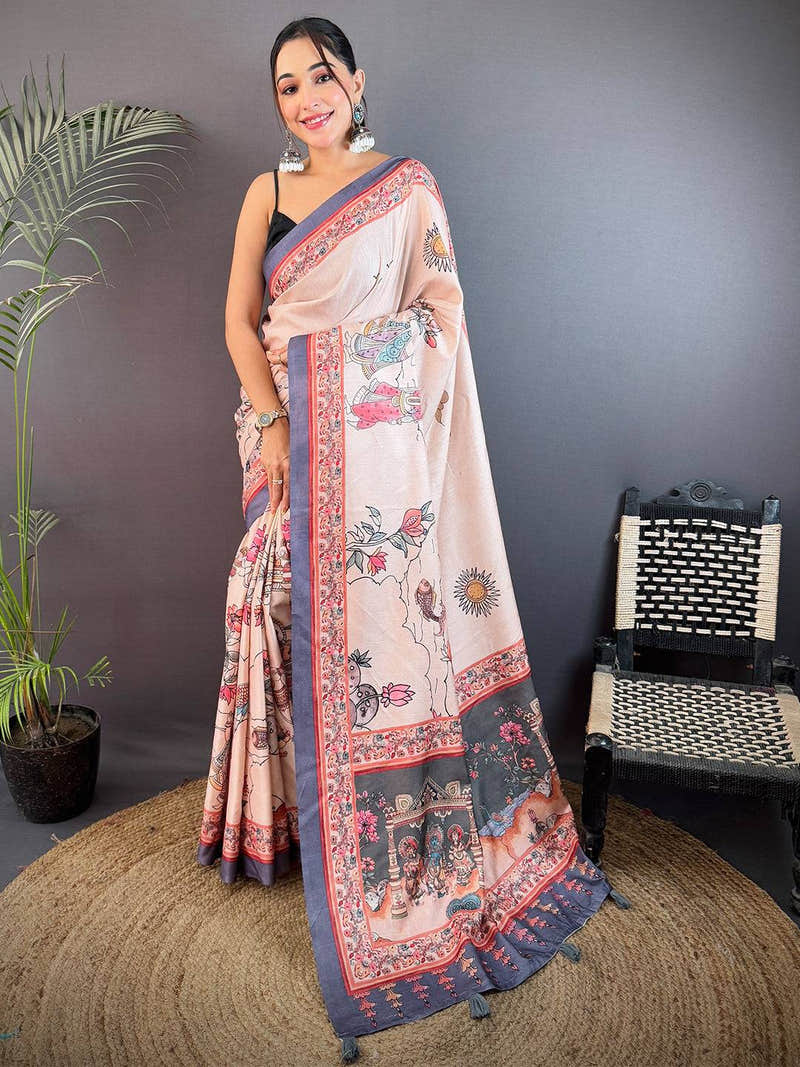 Graceful Tussar Kalamkari Print Saree