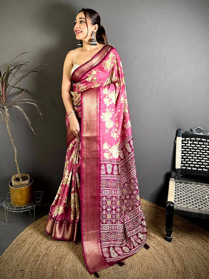 Pink Dola Big Floral Zari Kanchi Saree