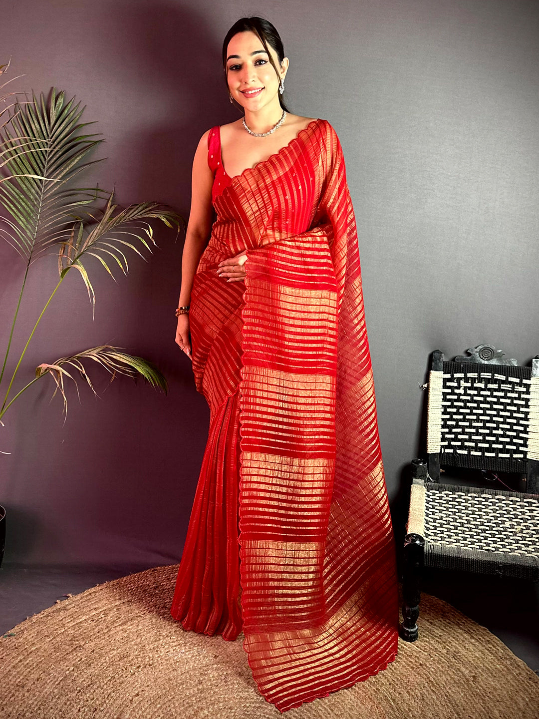 Ethereal Gold Zari Striped Chiffon Saree