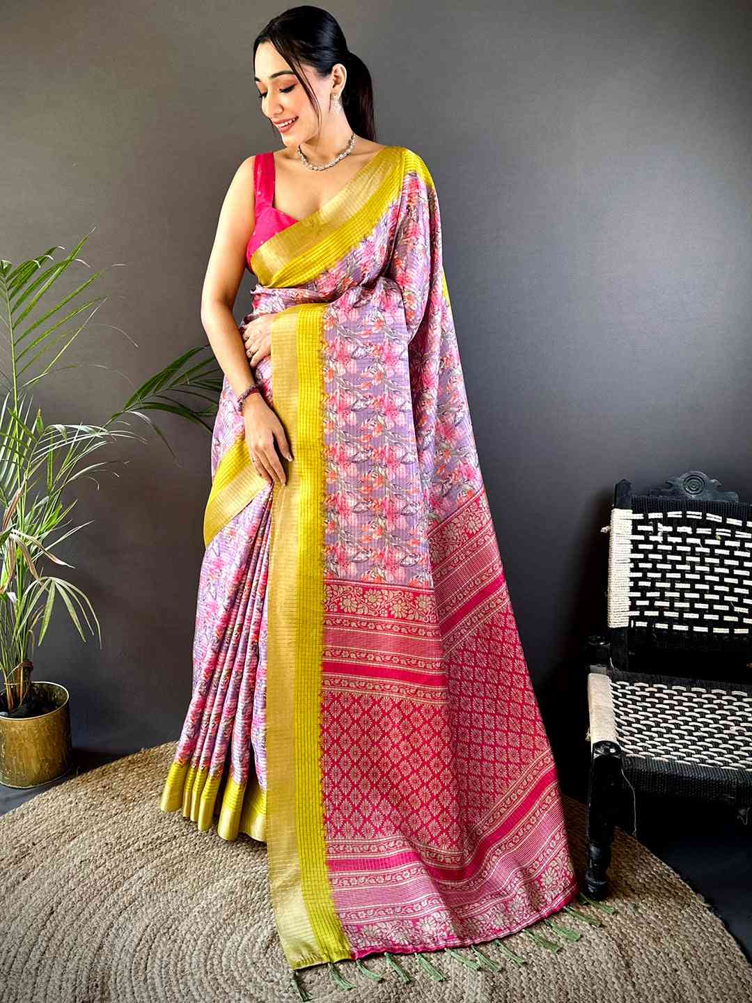 Lavender Tussar Chex Floral Saree
