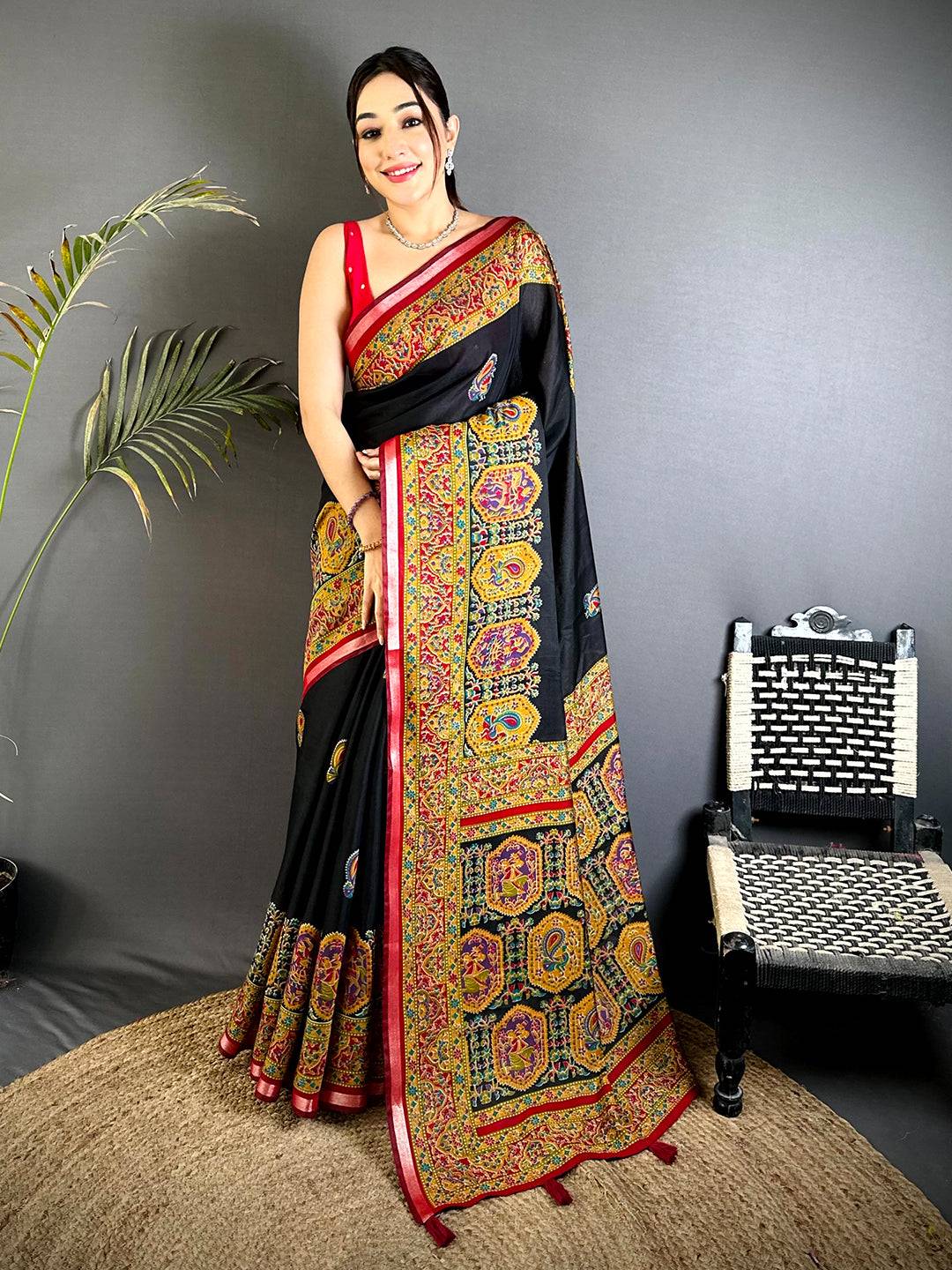 Black Kalamkari Pashmina Cotton Saree