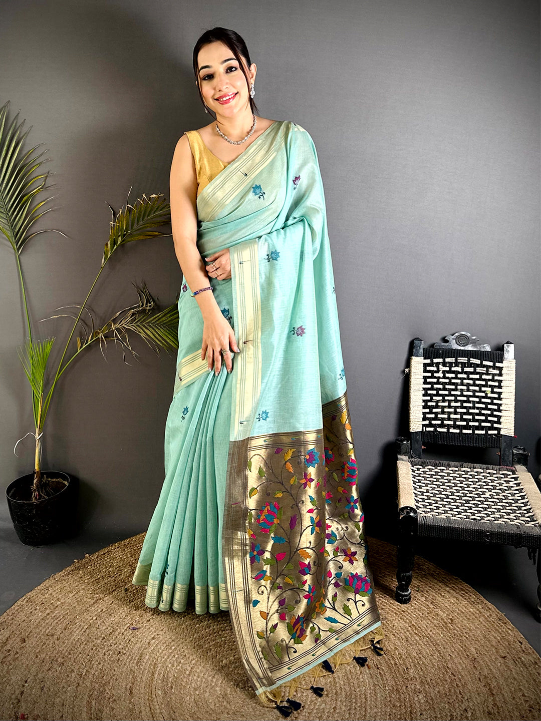 Regal Minakari Butti Khadi Linen Saree