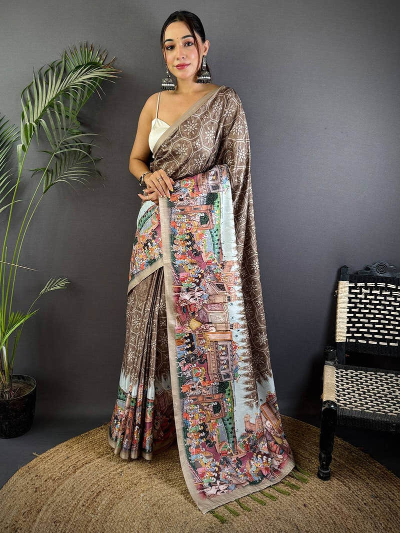 Taupe Kalamkari Digital Printed Saree