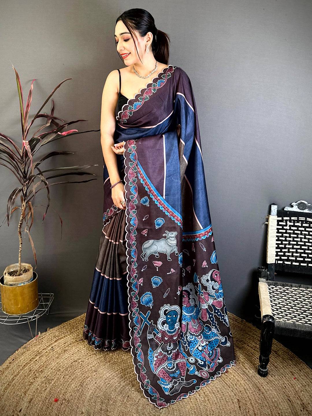 Classic Kalamkari Cutwork Tussar Saree