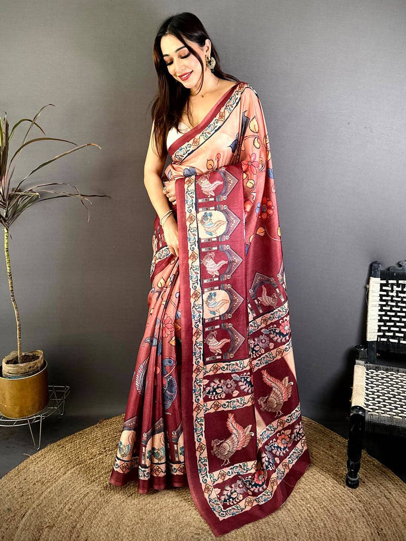 Stylish Tussar Floral Bird Print Saree