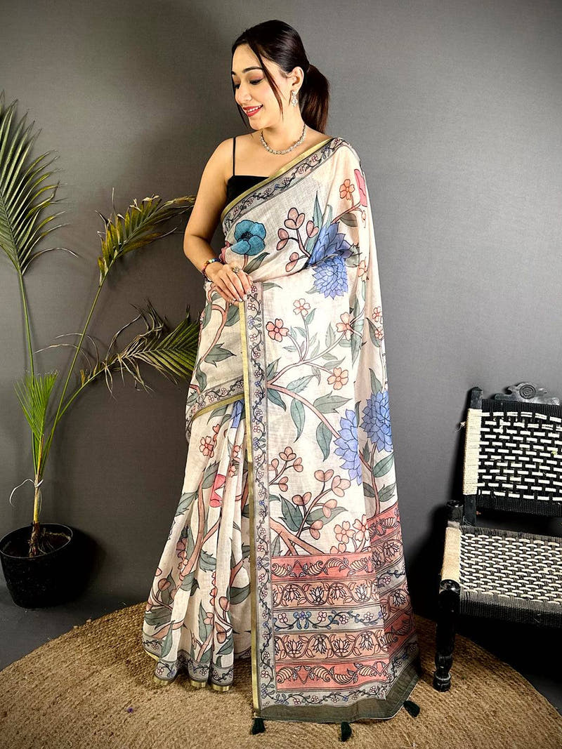 Ivory Floral Soft Linen Summer Saree