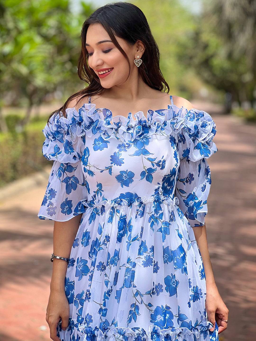 White Jasmin floral dress showcasing frill neckline