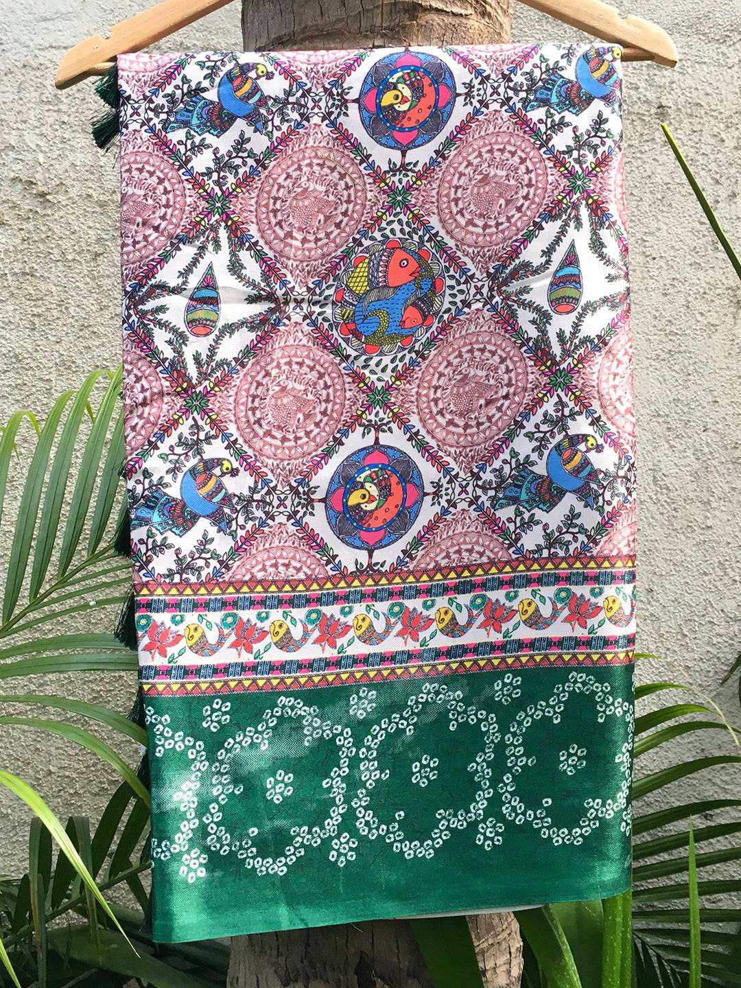 Cream Madhubani digital print saree with vibrant patterns