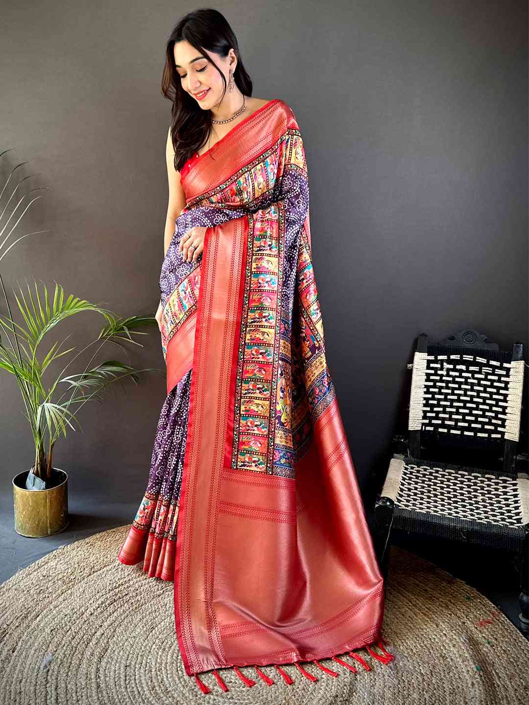 Purple Mughal Kalamkari Print Pashmina Saree