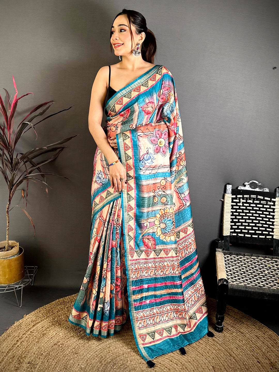 Vibrant Tussar Rainbow Striped Saree