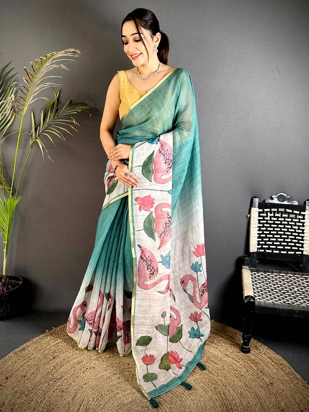 Rama Swan Gold Zari Linen Saree