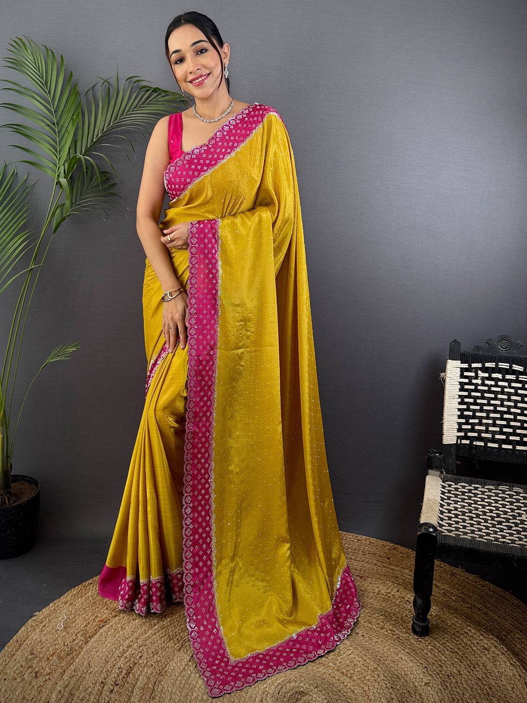 Mustard Poly Chiffon Diamond Stone Work Saree