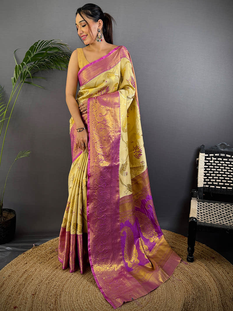 Beige Dharmavaram Gold Birds Print Saree