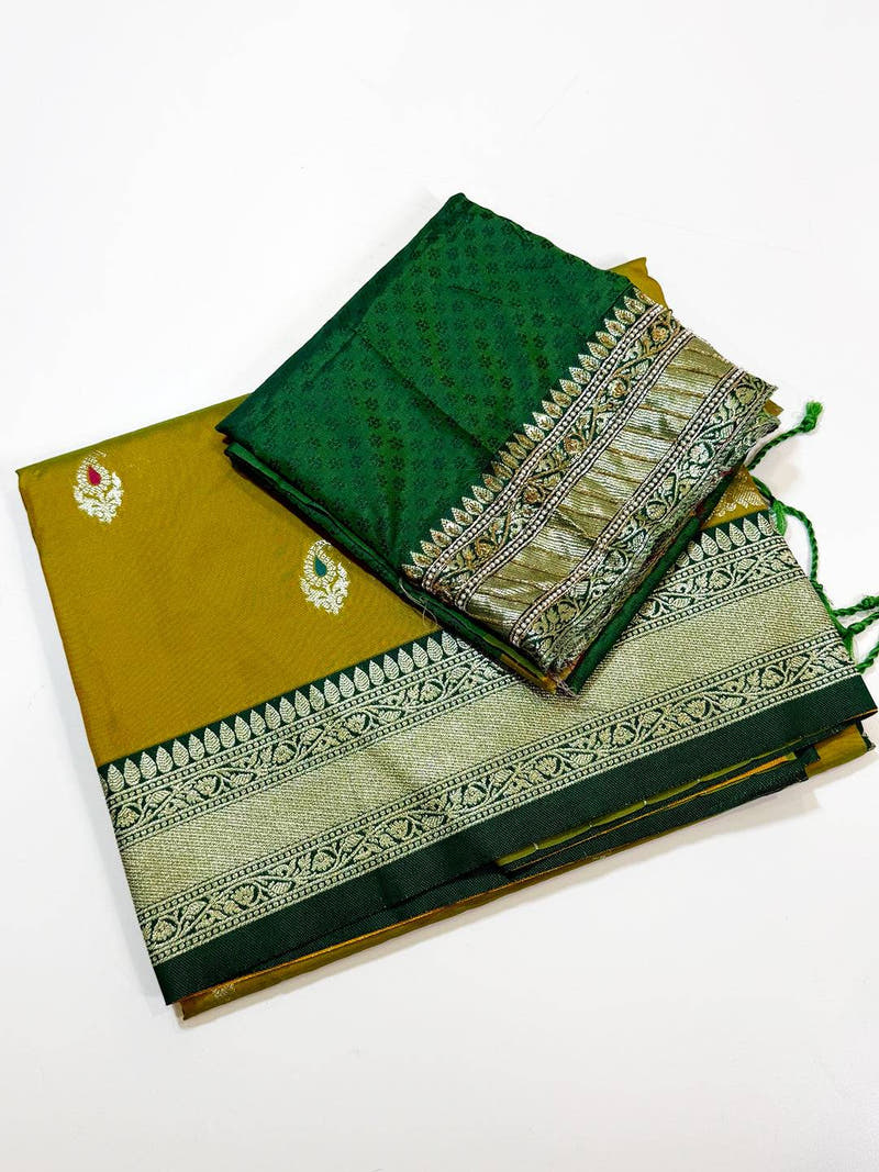 Lime Yellow Heritage Gadwal Silk Saree With Maggam Blouse