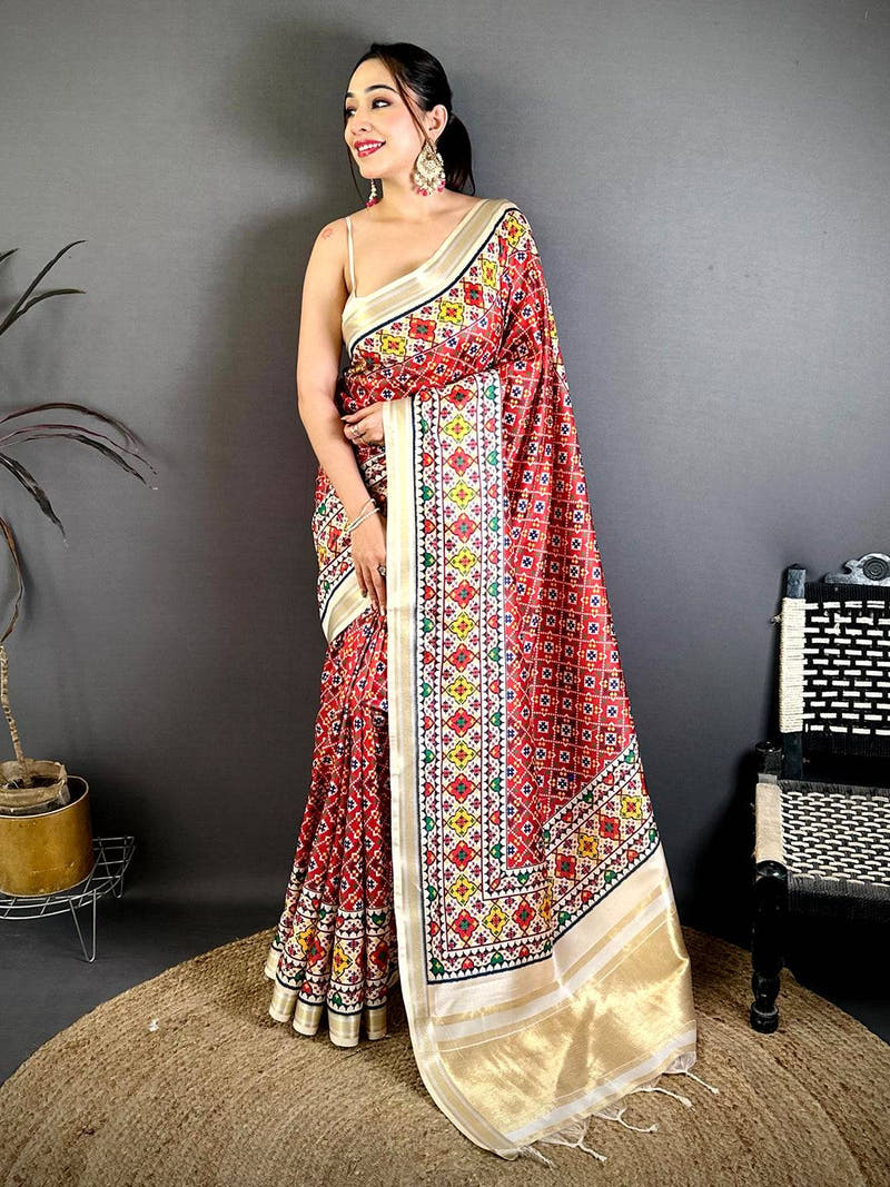 Red Ethnic Digital Ikkat Kanchi Saree