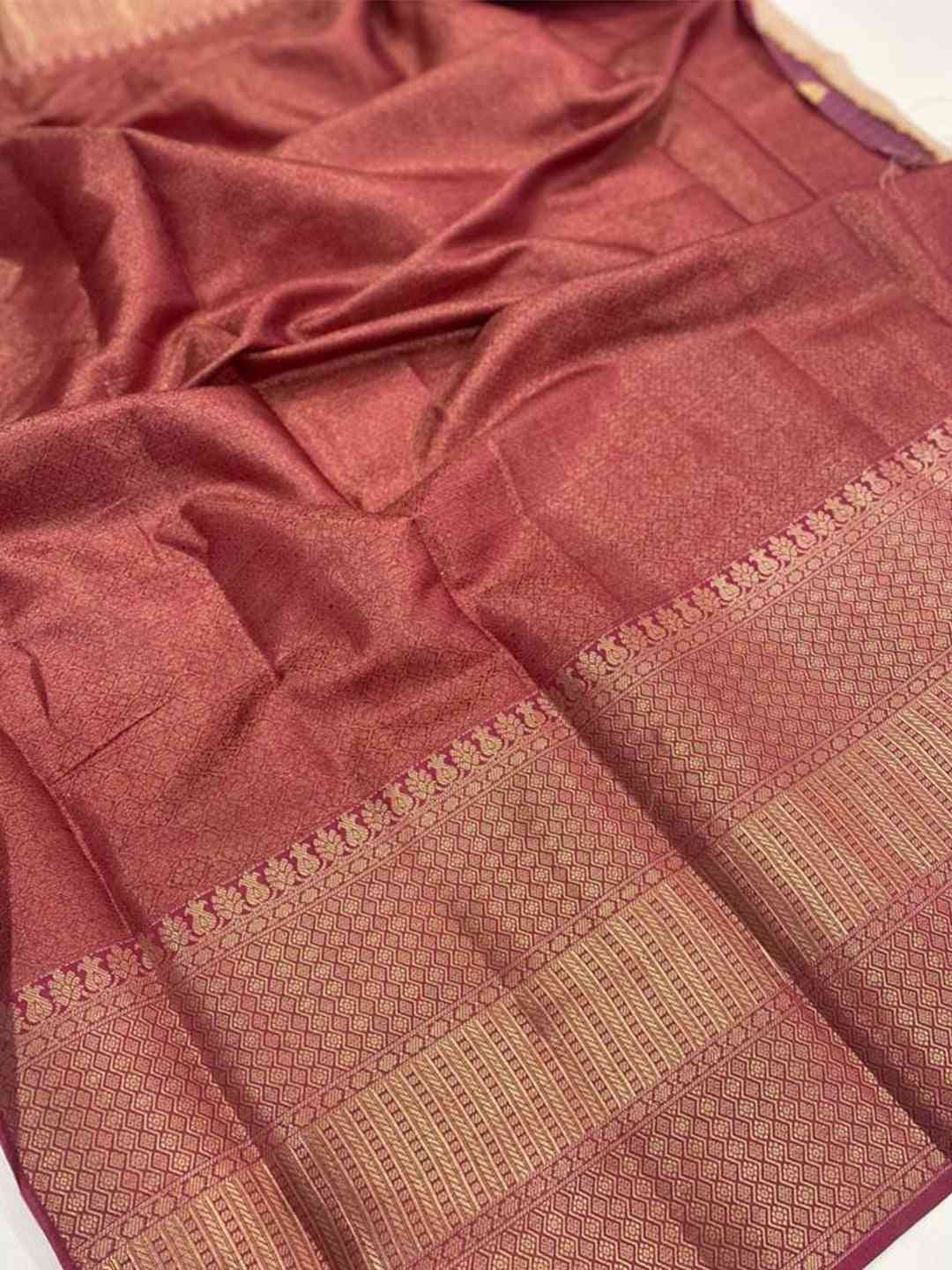 Rich pink Moonga Silk saree fabric with detailed border