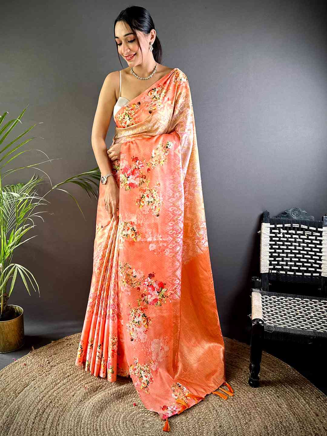 Coral Zari Zigzag Kota Doriya Saree