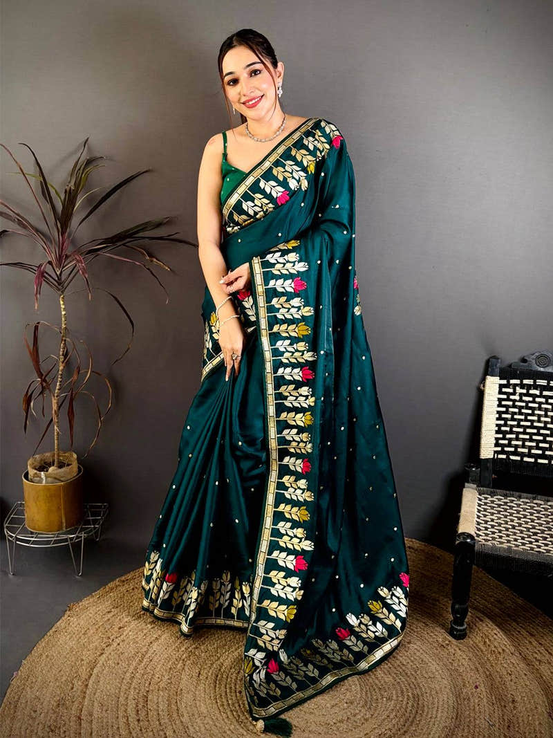 Green Soft Satin Minakari Aari Work Saree