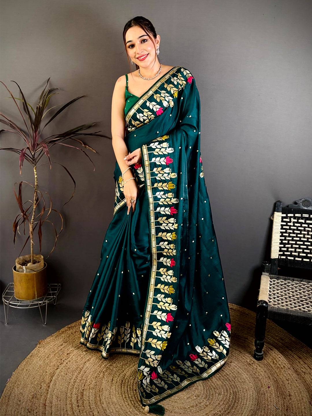Green Soft Satin Minakari Aari Work Saree