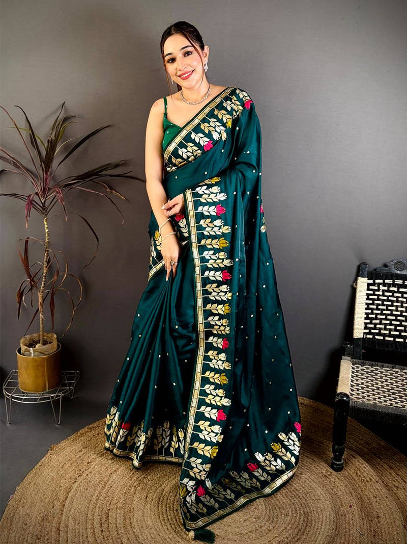 Green Soft Satin Minakari Aari Work Saree