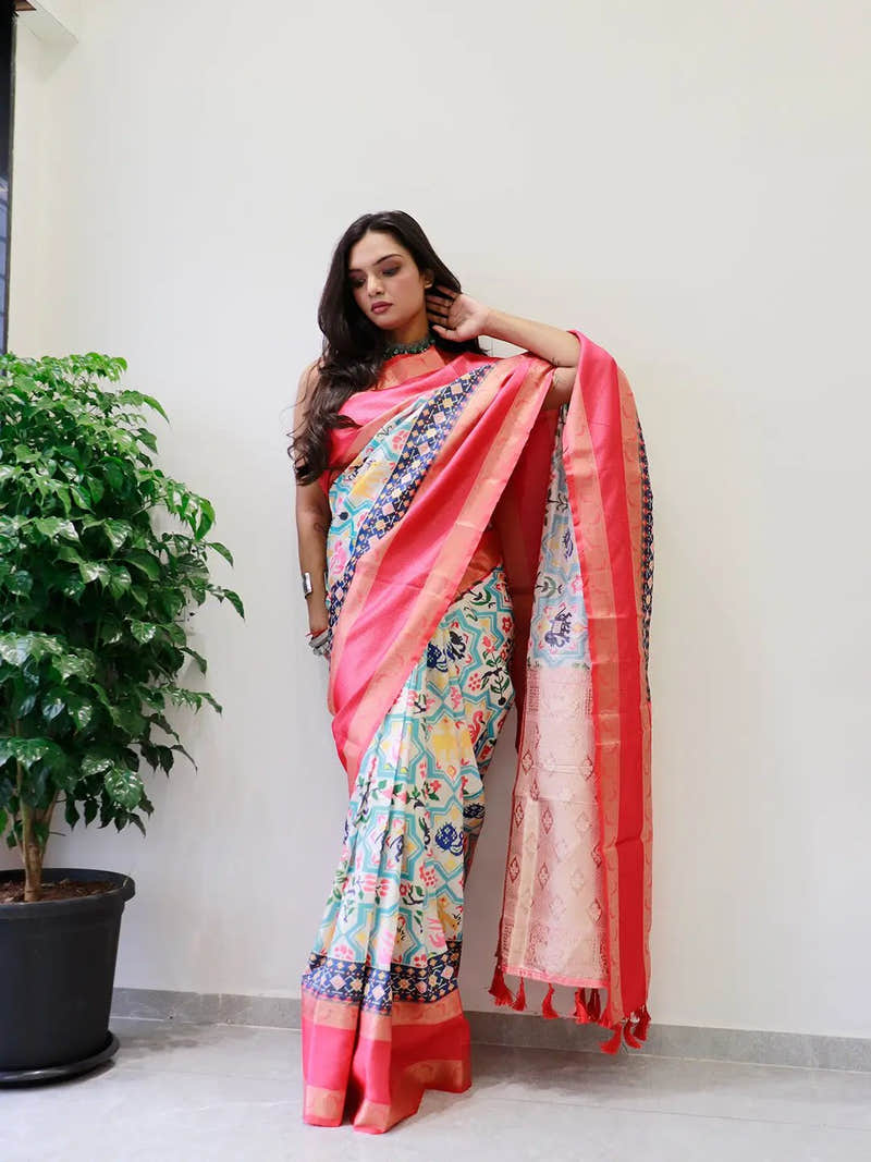 Attractive Soft Silk Gadwal Border Pochampally Print Saree
