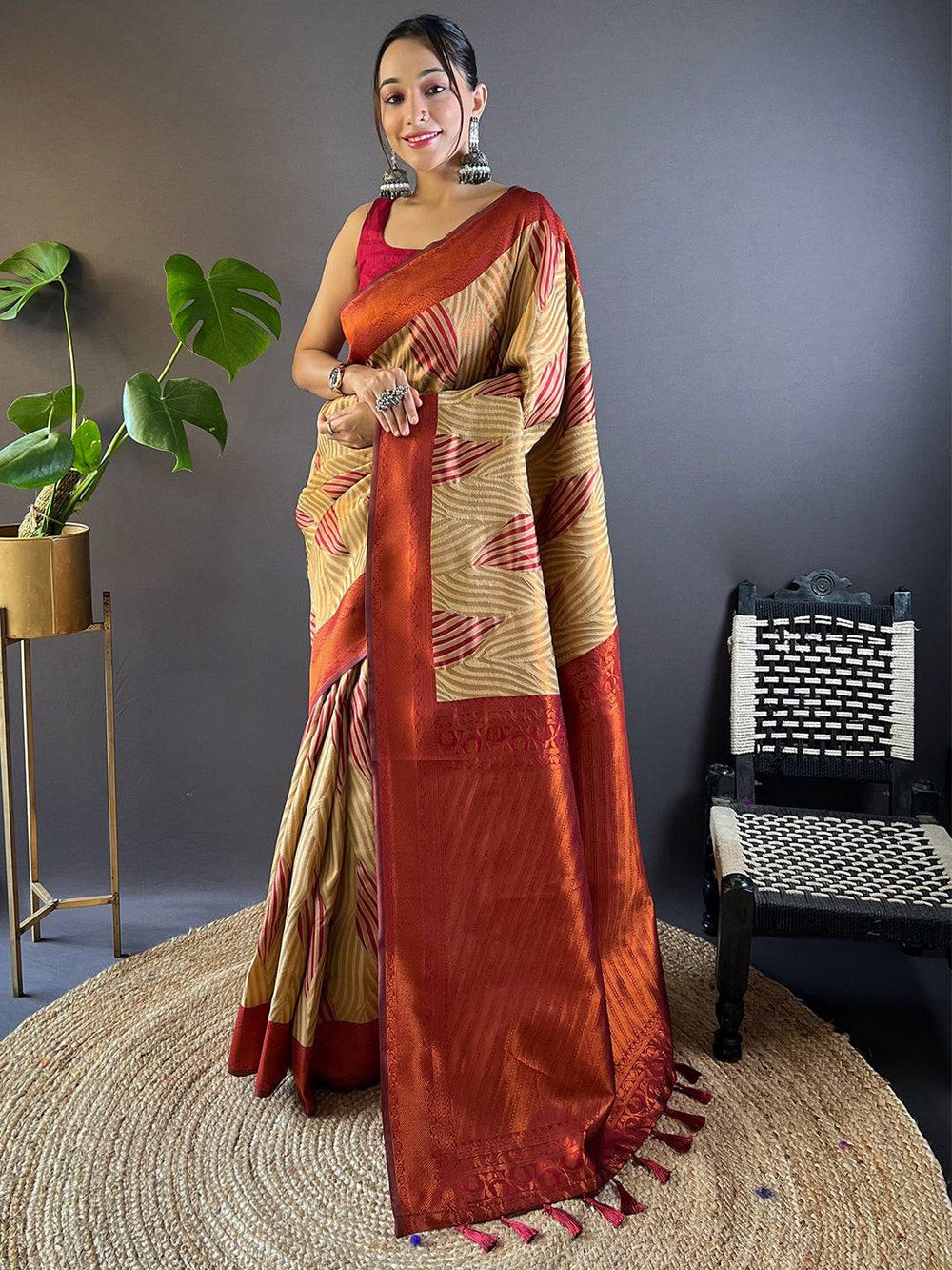 Elegant Tan Brown Ikkat Saree with Red Accents
