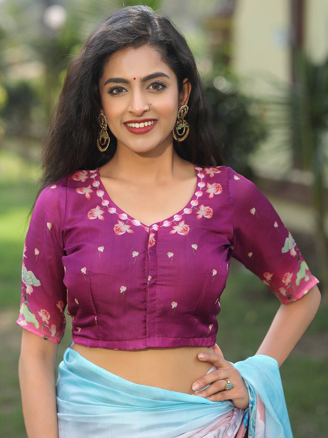 Latest Satin Georgette Sky Blue Colour Hand Print Saree