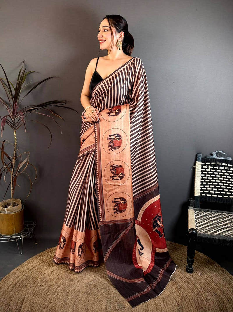 Elegant Striped Elephant Print Tussar Saree