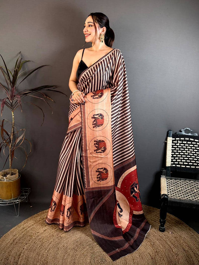 Elegant Striped Elephant Print Tussar Saree
