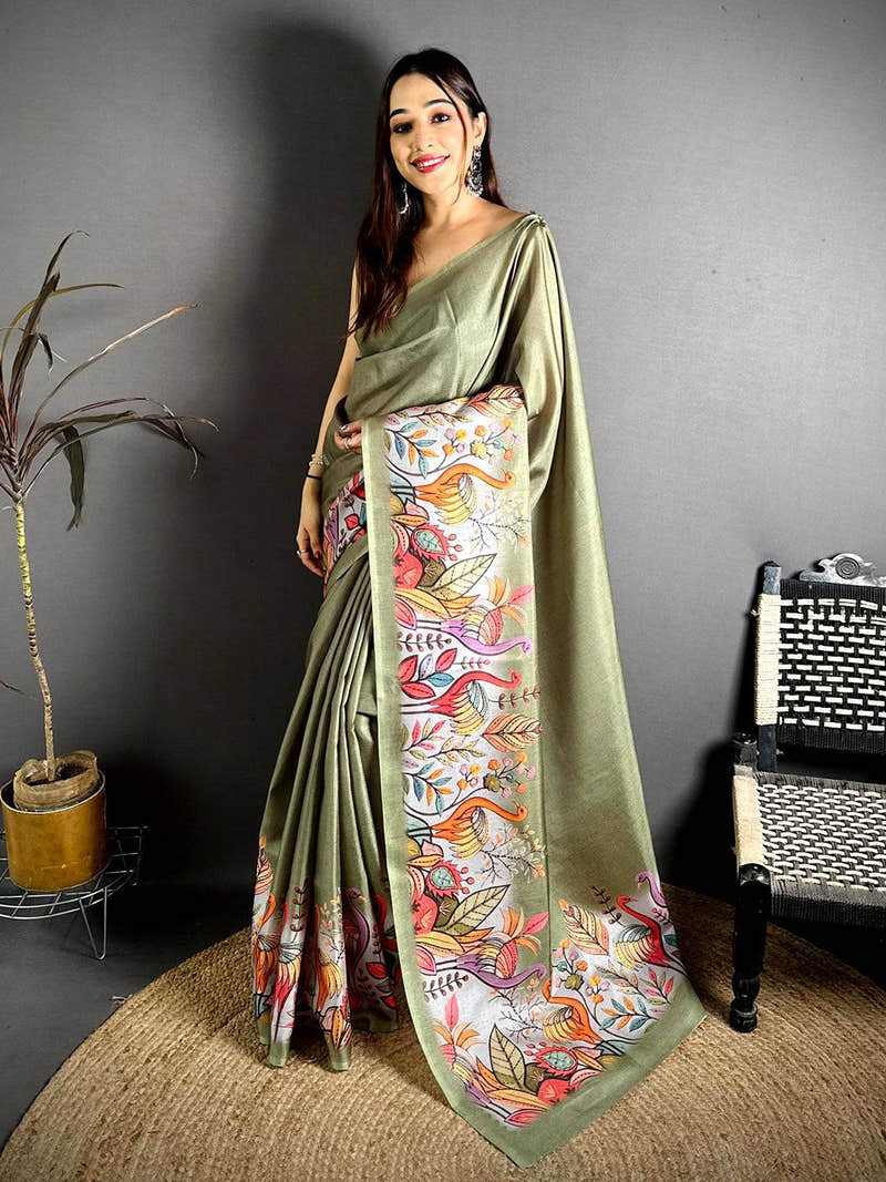 Green Flamingo Border Tussar Saree