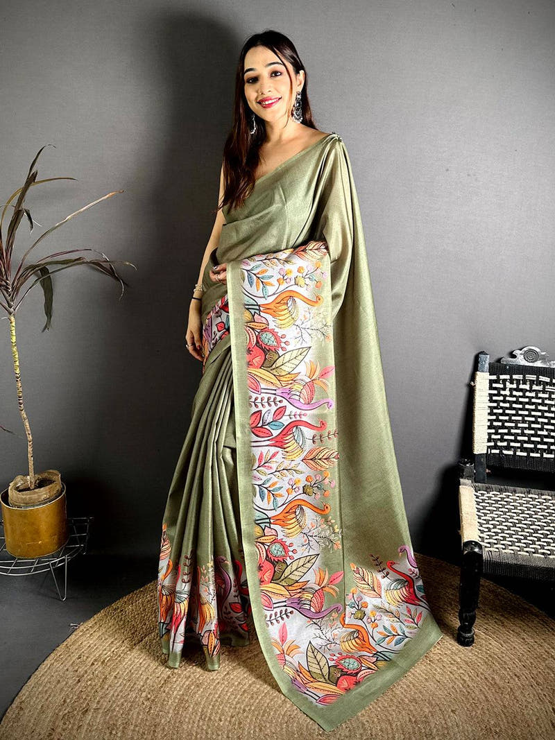 Green Flamingo Border Tussar Saree