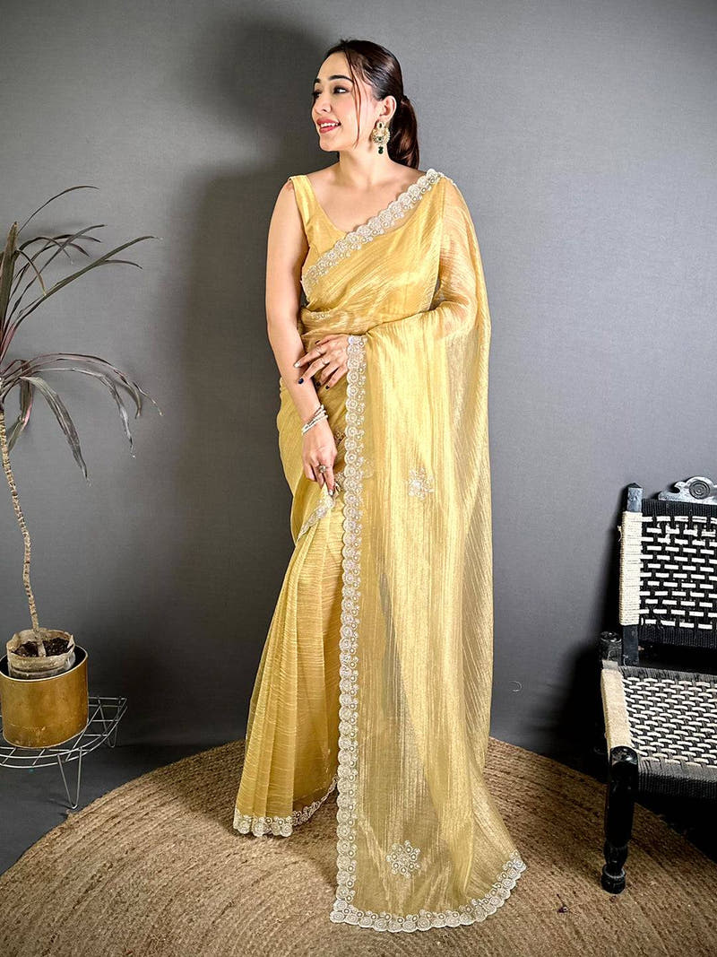 Stylish Silver Diamond Cutwork Tissue Saree