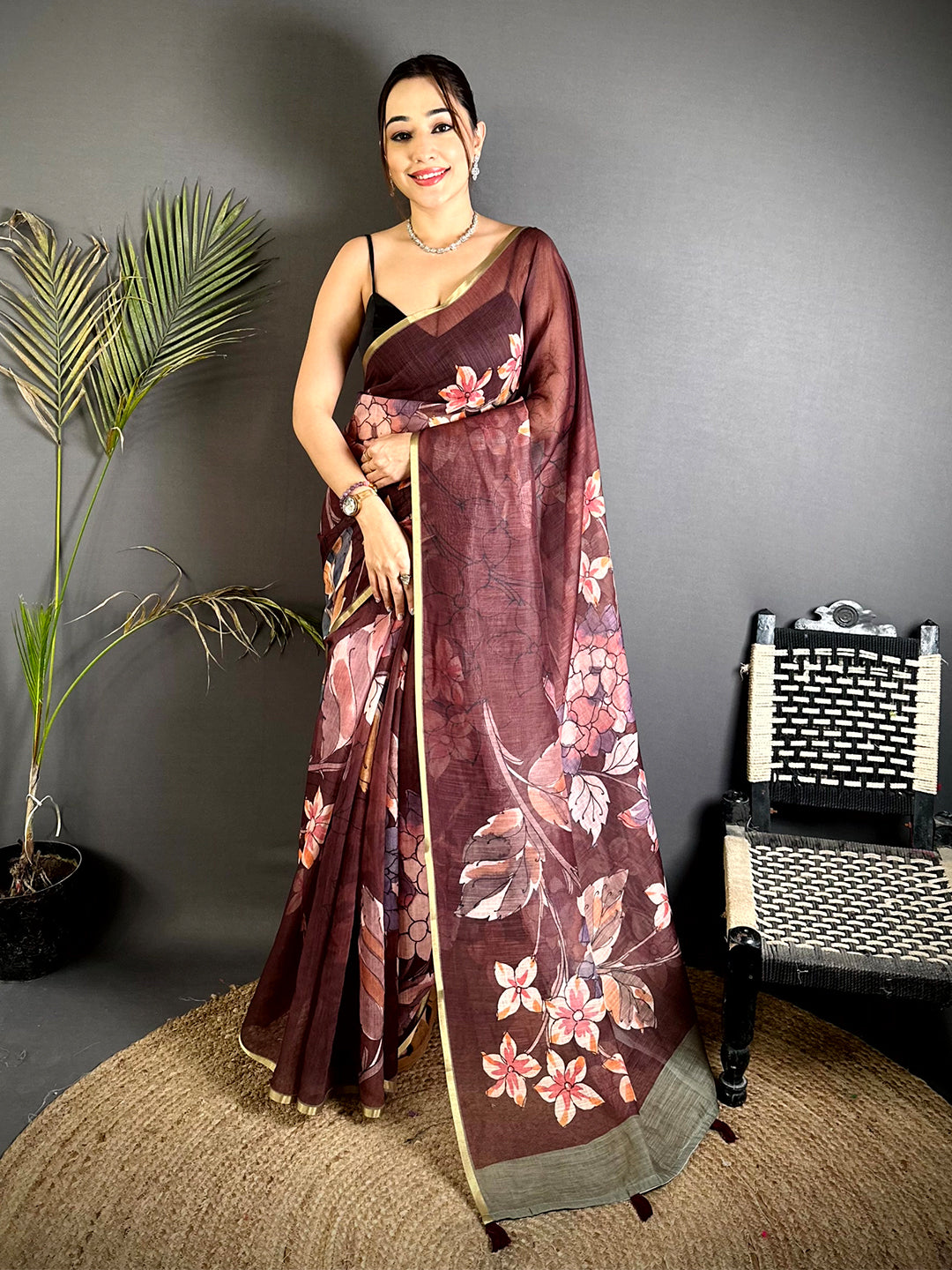 Classic Wine Floral Linen Saree