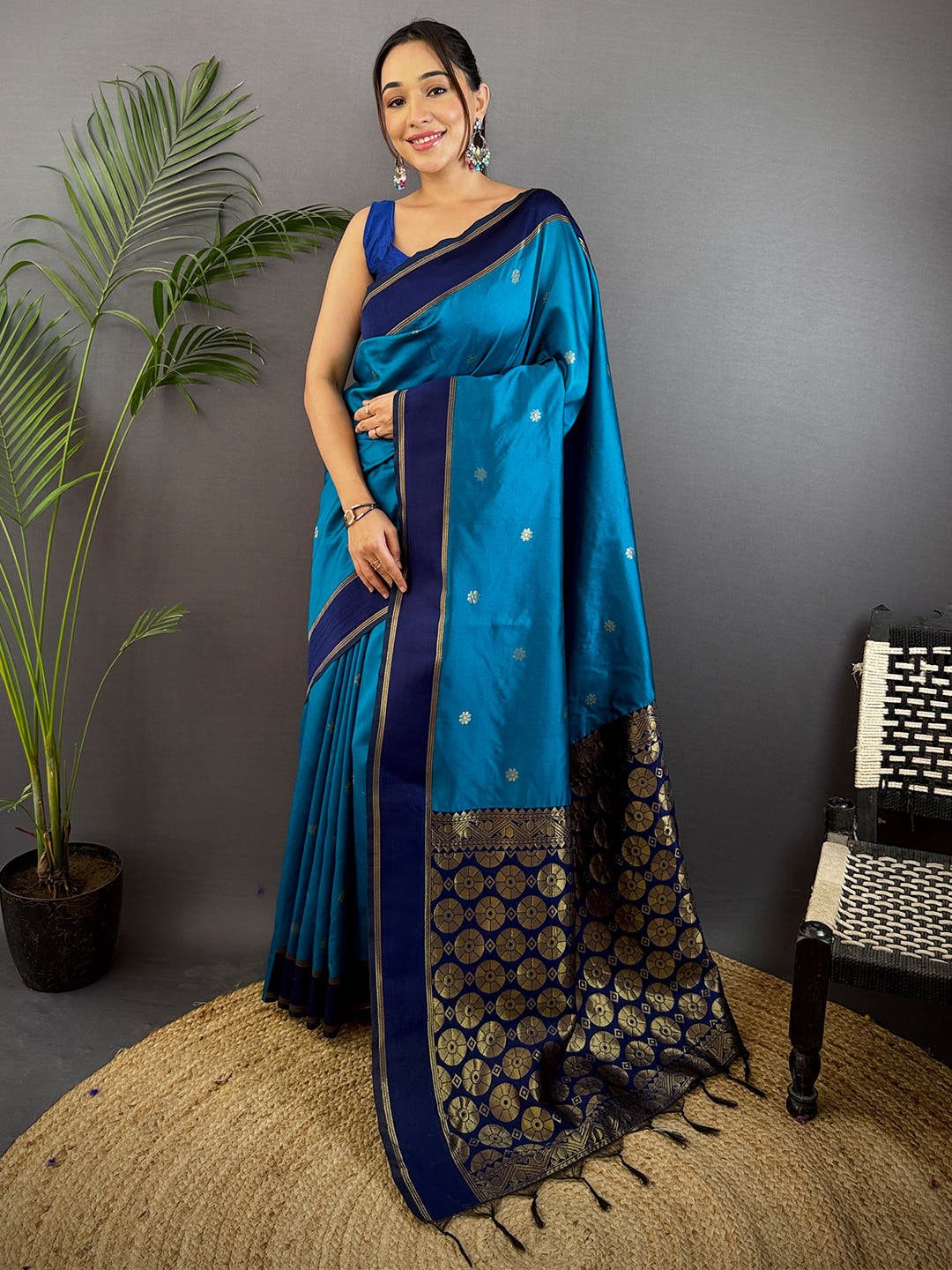 Teal Blue Silk Blend Floral Saree