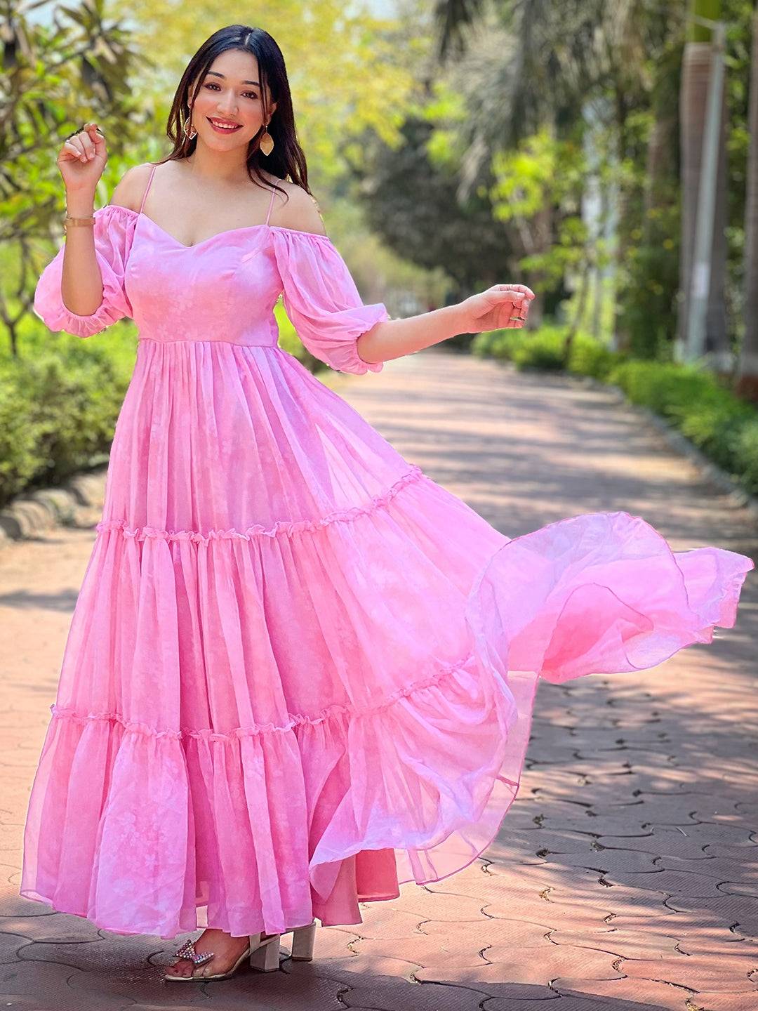 Rose pink floral printed dress with flowing design