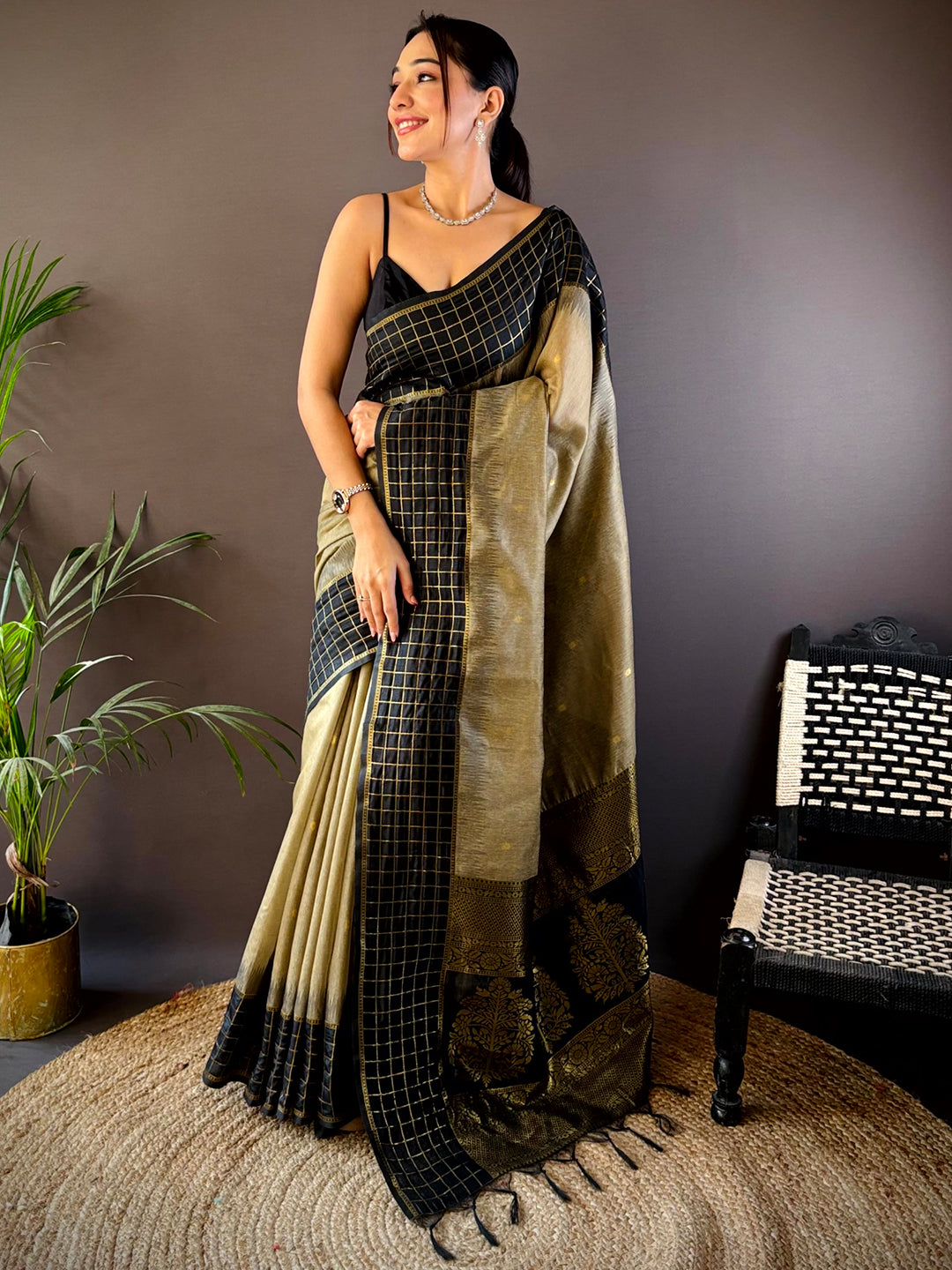 Black Soft Silk Saree With Zari Chex Border With Maggam Blouse