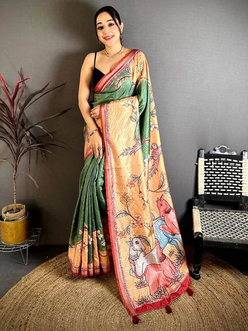 Graceful Tussar Ghicha Digital Art Saree