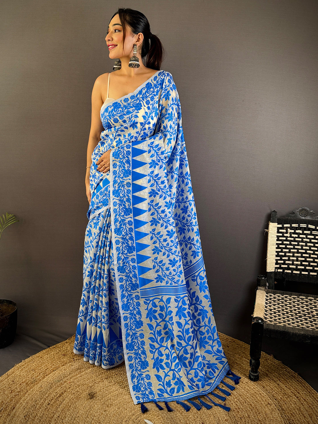 Sky Blue Dhakai Jamdani Cotton Silk Saree