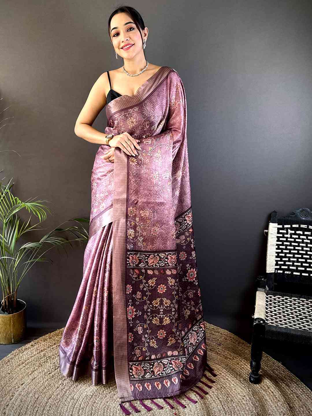 Lavender Gold Zari Chanderi Phulkari Floral Saree