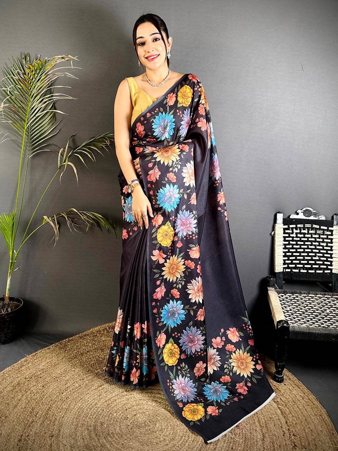 Black Soft Tussar Silk Floral Saree