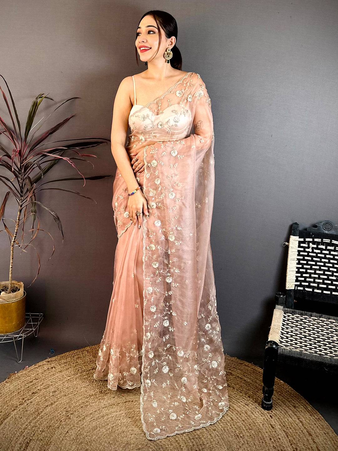Peach Pearl Sequin Embroidered Organza Saree