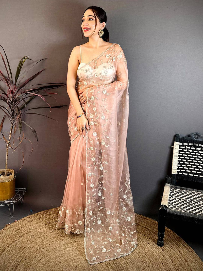 Peach Pearl Sequin Embroidered Organza Saree